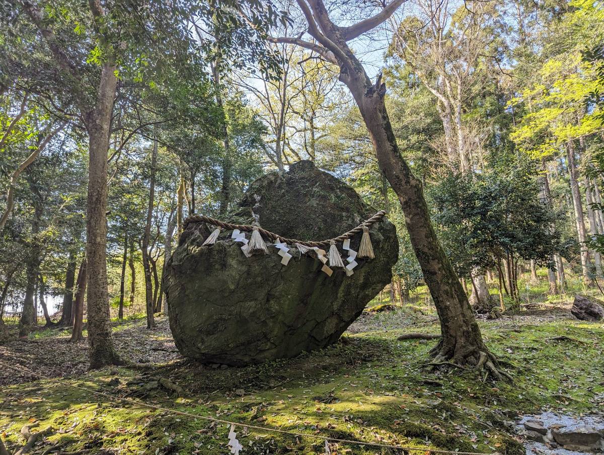 苔むした林のなかに立つ大きな磐座。注連縄がかけられている